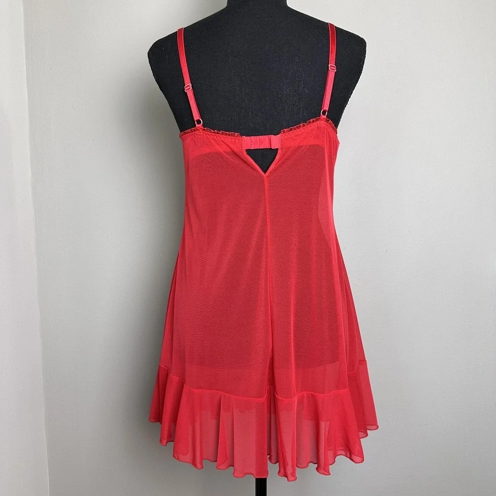 Sheer Babydoll Chemise‎ Womens Small Red Lingerie Slip Ruffle Mesh Underwire